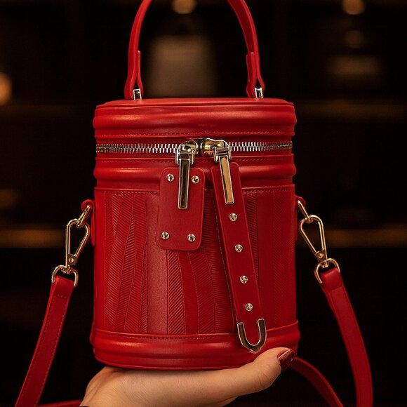 Chic Red Cylinder Crossbody Bucket Fun Handbag or Cosmetic Travel Makeup Bag - Picture 2 of 7